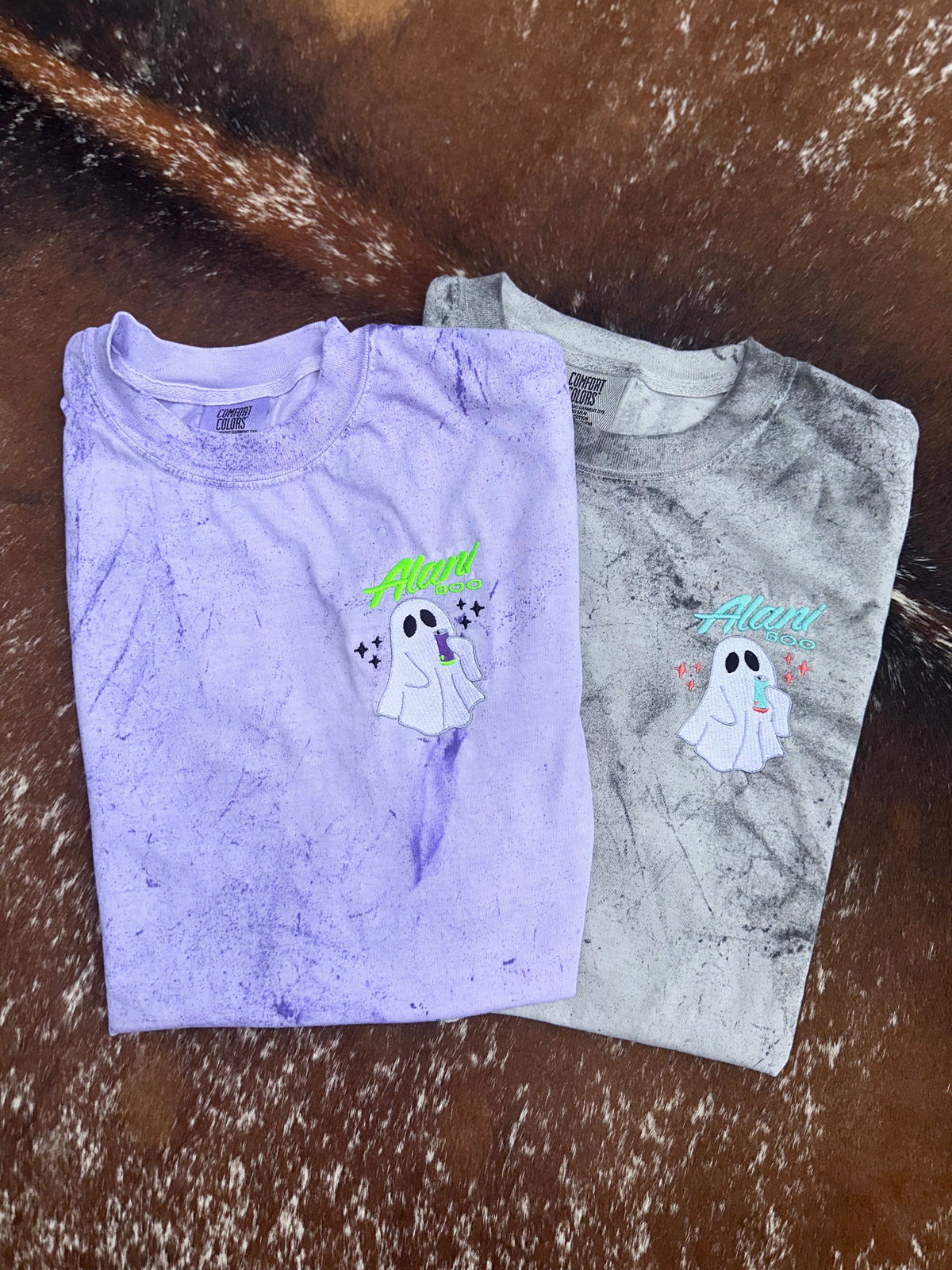 Alani Boo embroidered Halloween ghost design on purple and grey Comfort Colors Color Blast tees