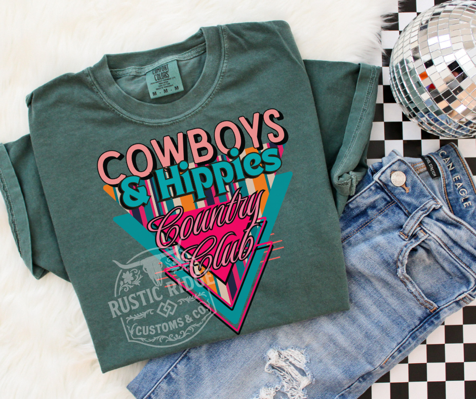 Cowboys and Hippies Country Club retro western graphic tee on Comfort Colors shirt by Rustic Ridge Customs & Co