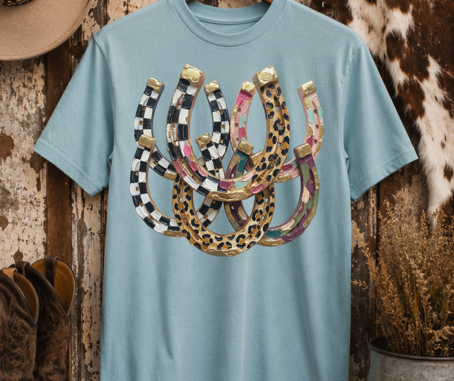 Lucky Charm Horseshoes Graphic Tee in yankey blue with colorful leopard and checkerboard western horseshoes
