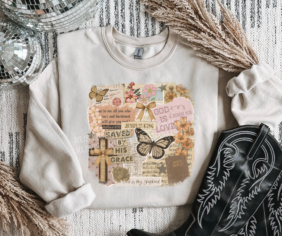 Saved by Grace Faith Collage Crewneck