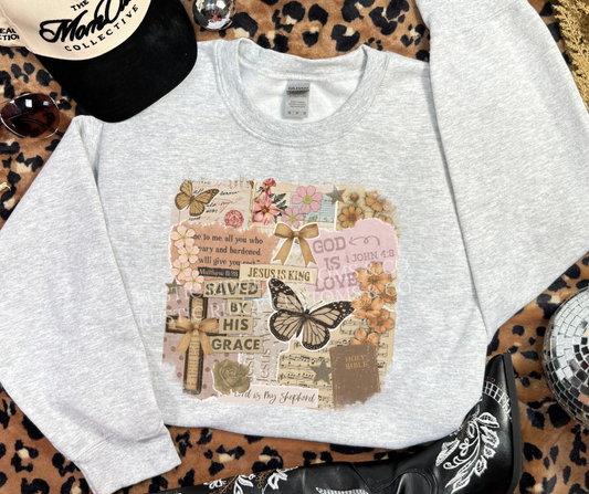 Saved by Grace Faith Collage Crewneck