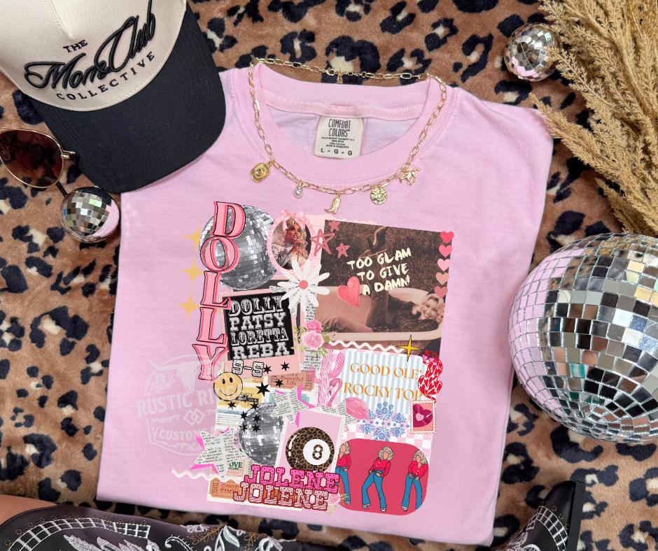 Dolly inspired collage graphic on comfort colors pink tee western shirt