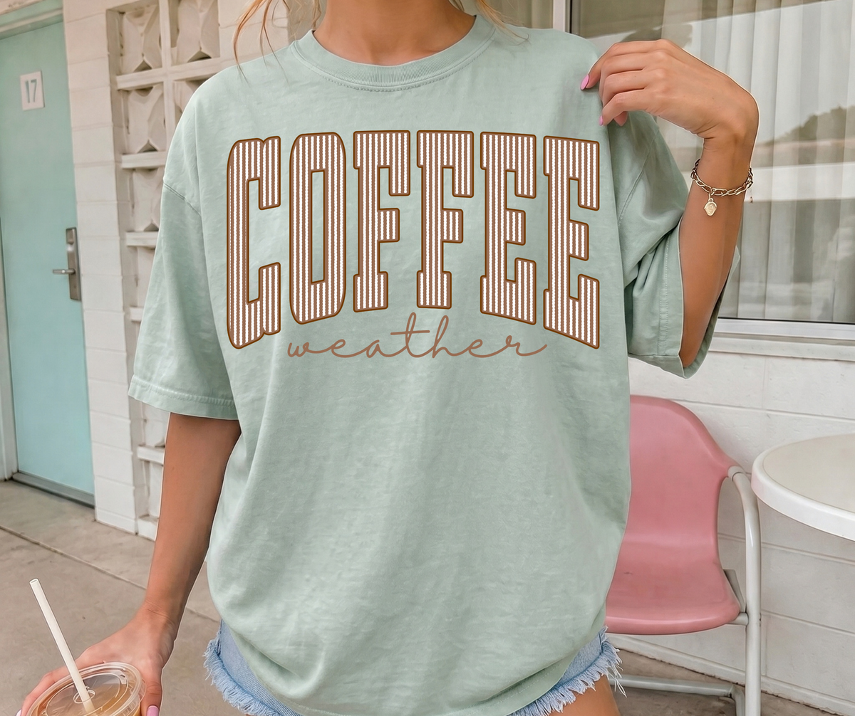 Coffee Weather graphic tee mockup in Bay