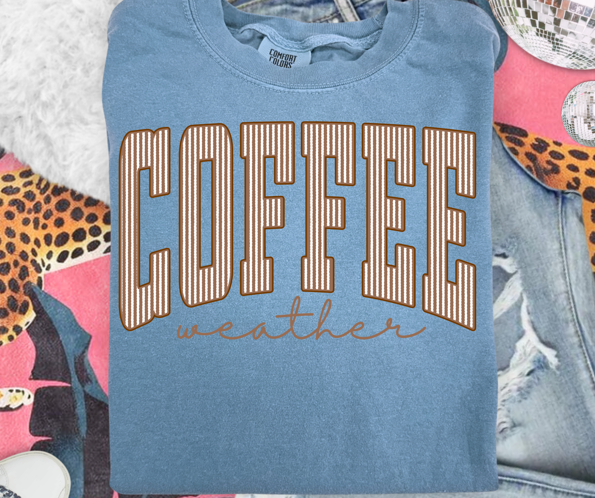 Coffee Weather graphic tee mockup in Blue Jean