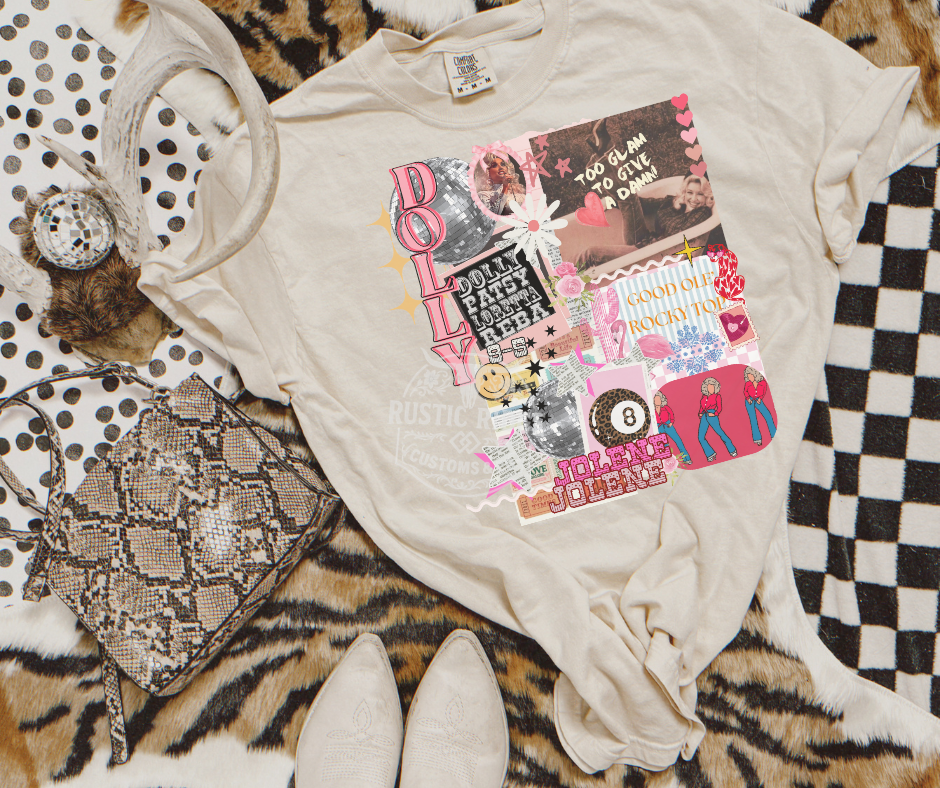 Dolly inspired collage graphic on comfort colors ivory tee western shirt