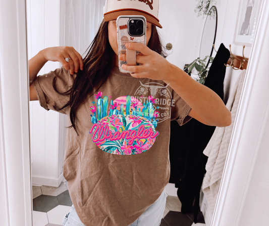 Person wearing a brown Wrangler shirt with colorful logo in a mirror selfie.