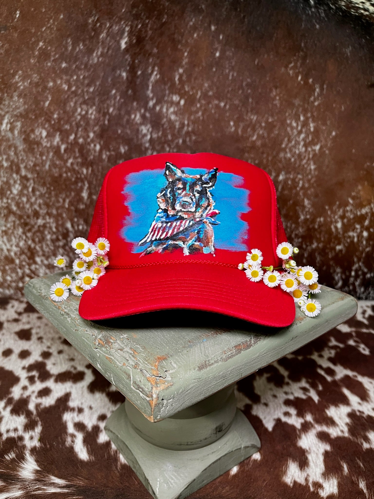 Hand-painted patriotic trucker hats featuring western Americana artwork and one-of-a-kind designs by Rustic Ridge Customs & Co
