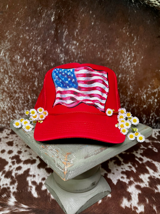 Hand-painted patriotic trucker hats featuring western Americana artwork and one-of-a-kind designs by Rustic Ridge Customs & Co