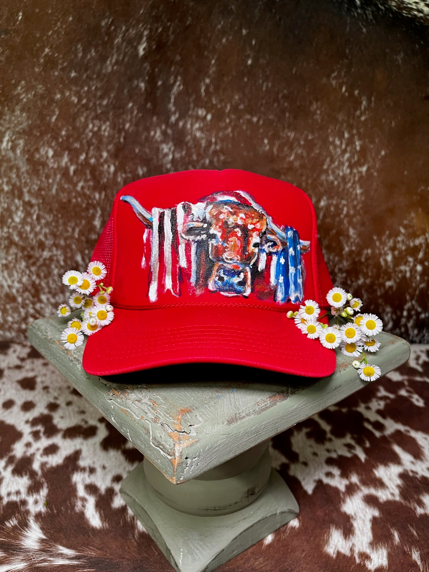Hand-painted patriotic trucker hats featuring western Americana artwork and one-of-a-kind designs by Rustic Ridge Customs & Co