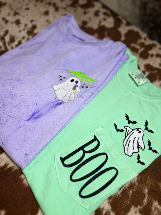 BOO Ghost Embroidered Halloween Pocket Tee