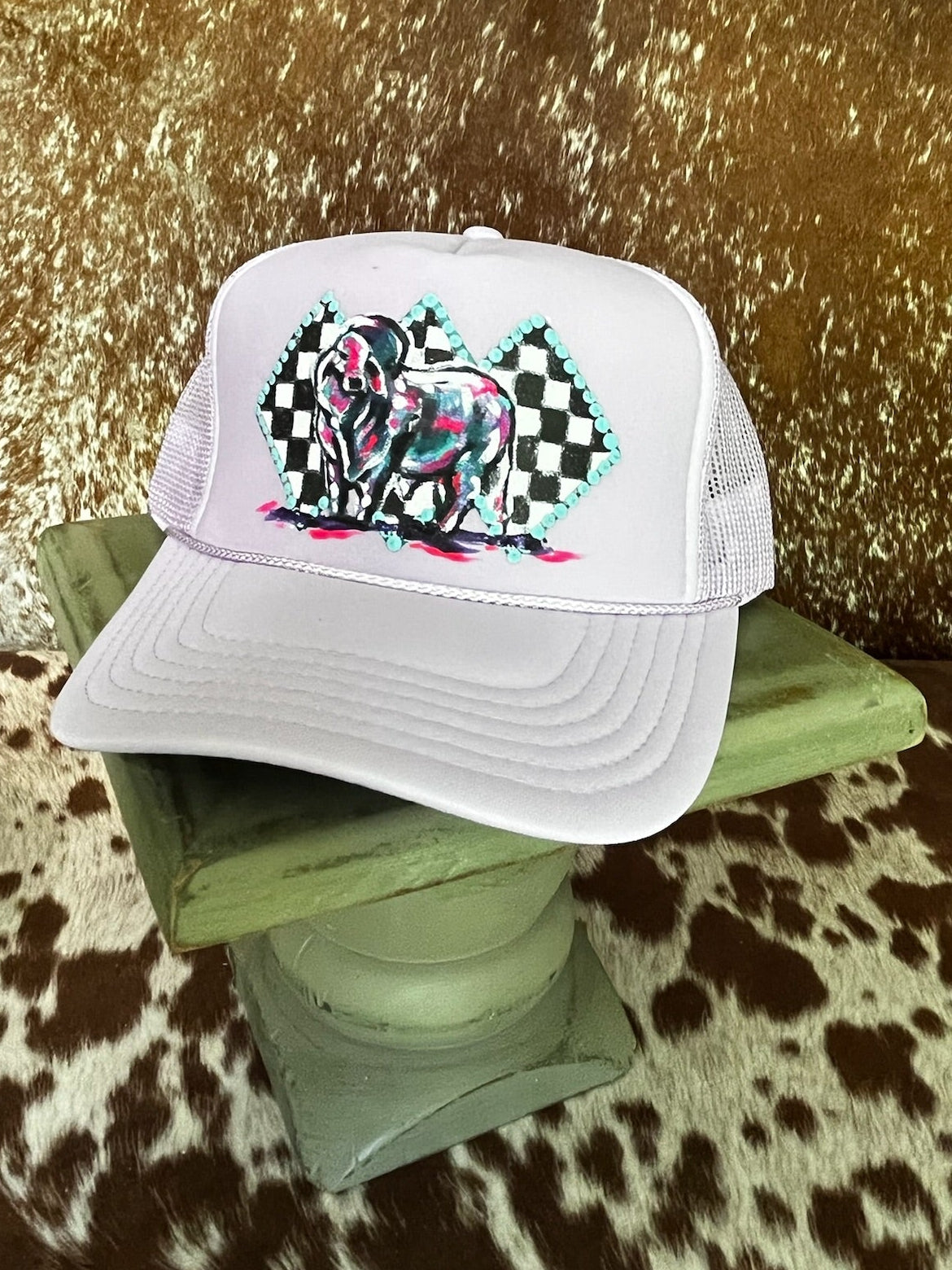 Hand painted western foam hats.