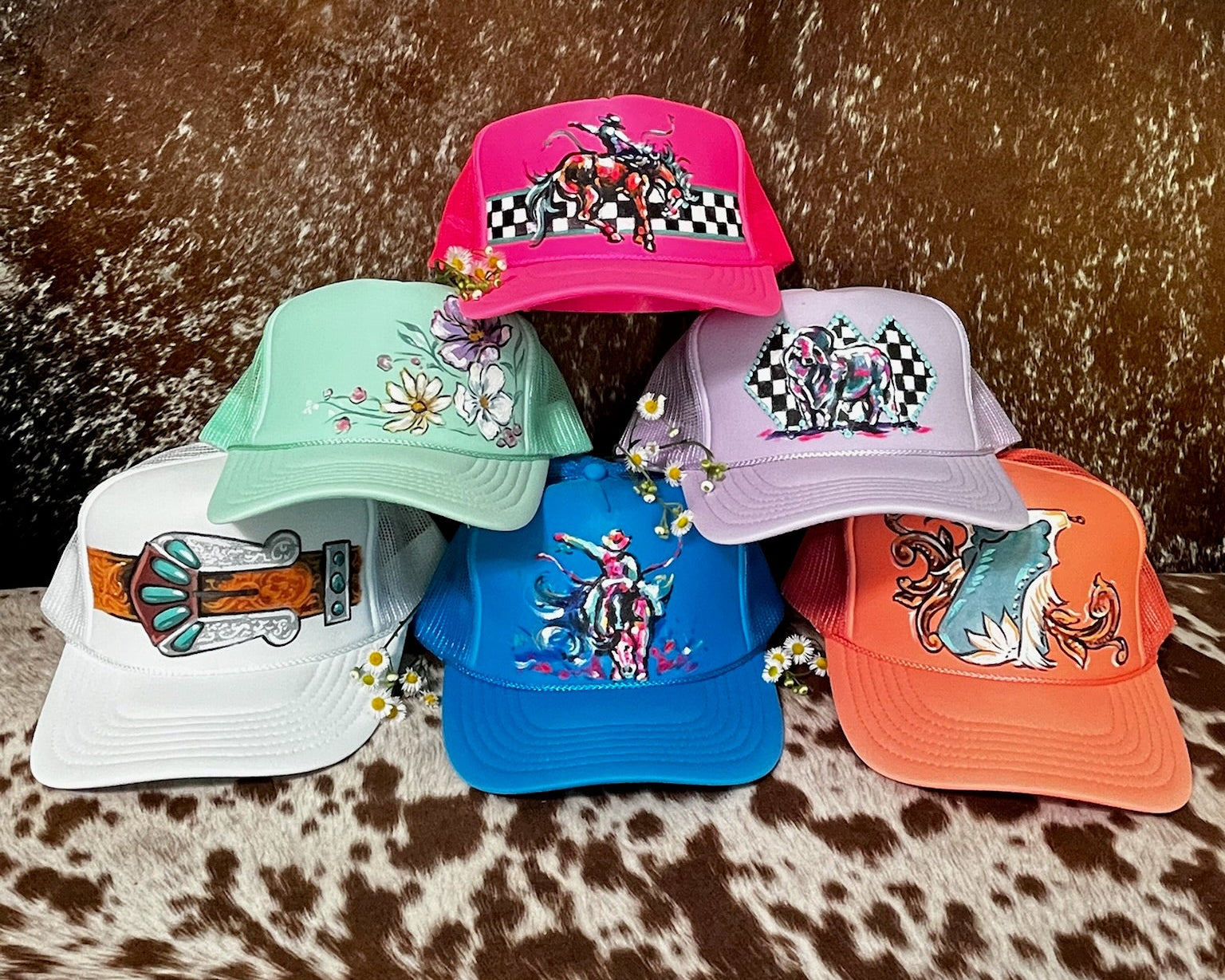 Hand painted western foam hats.