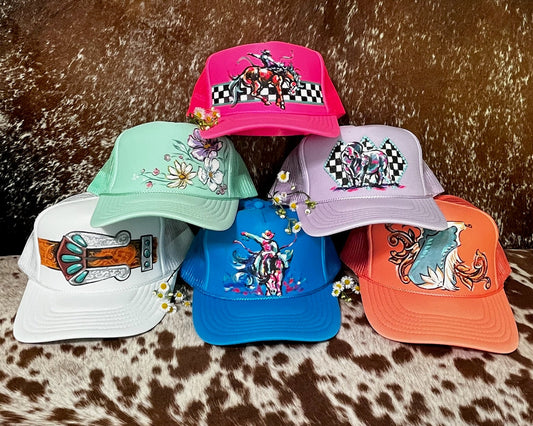 Hand painted western foam hats.