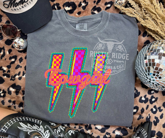 Gray T-shirt with colorful 'Cowgirl' design on a leopard print surface