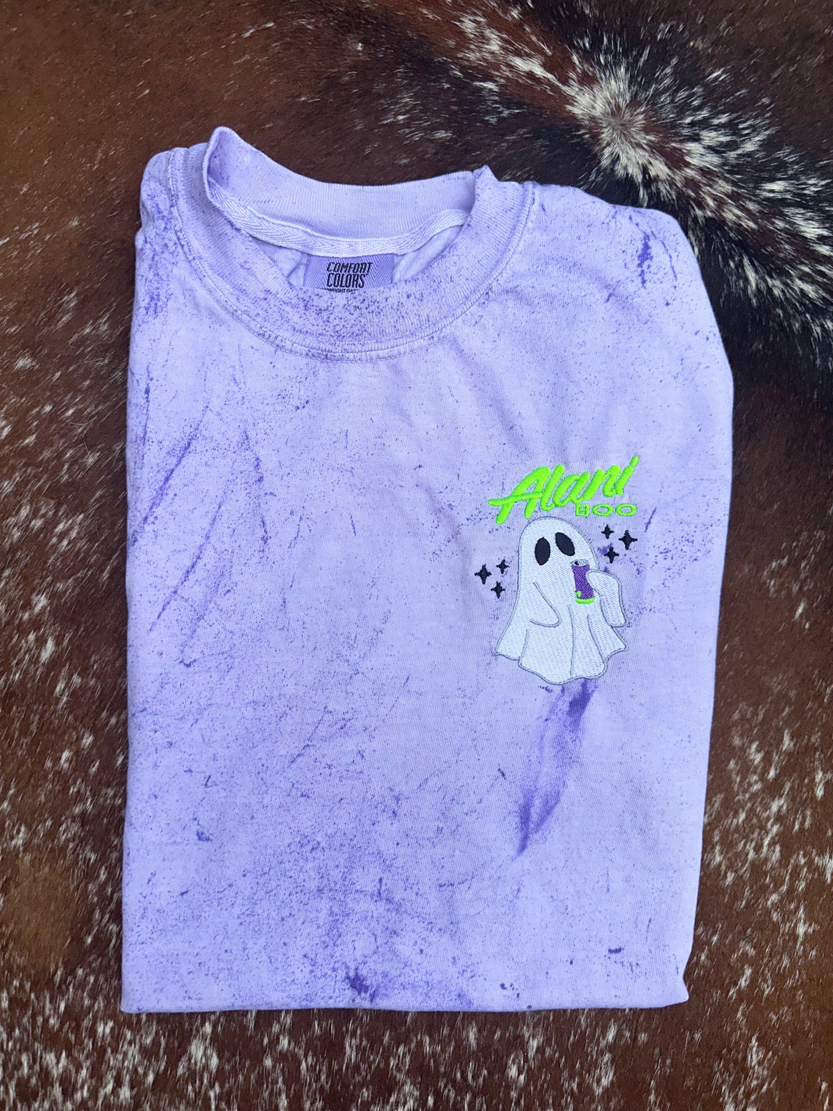 Alani Boo embroidered Halloween ghost design on purple and grey Comfort Colors Color Blast tees