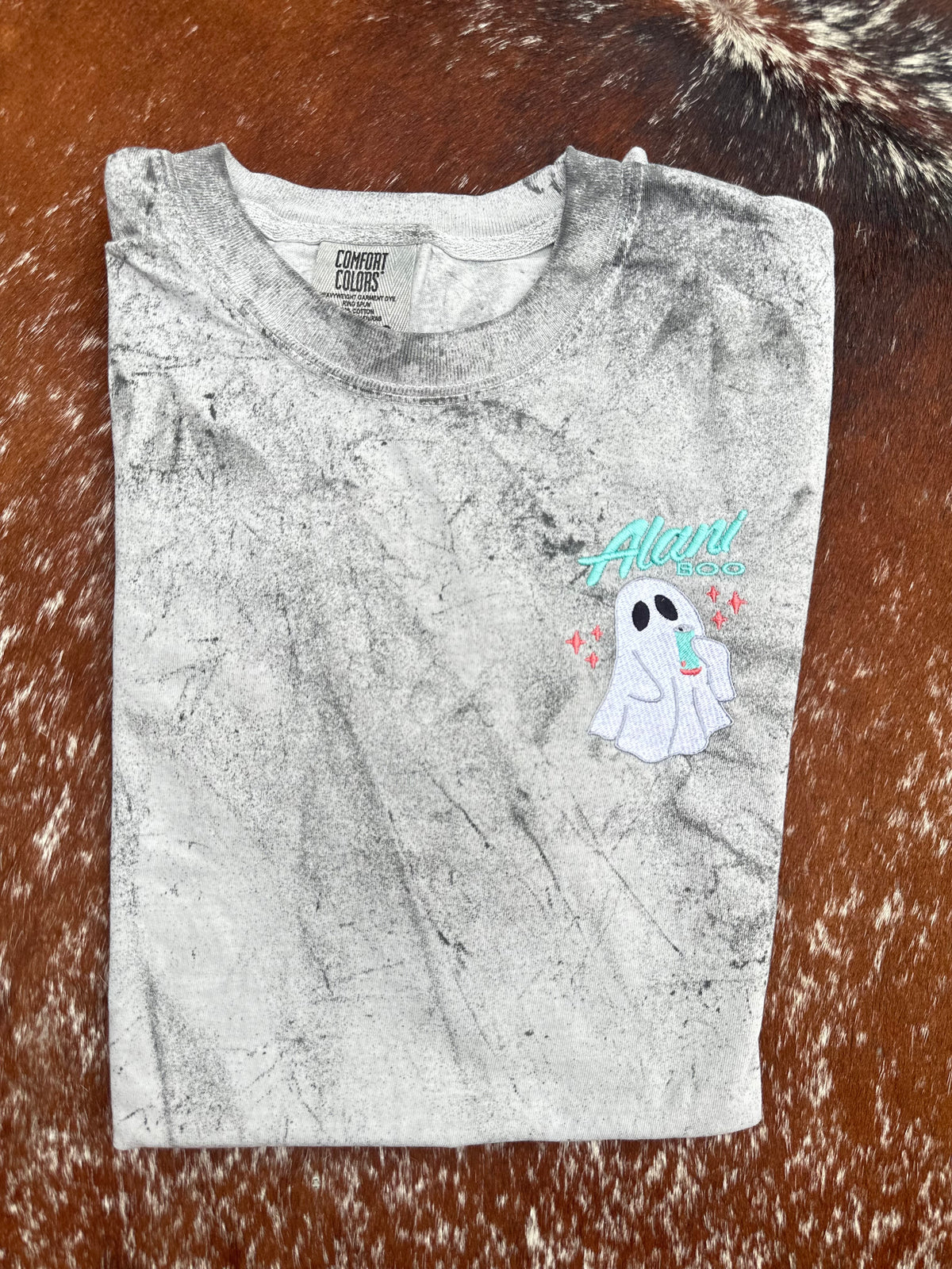 Alani Boo embroidered Halloween ghost design on purple and grey Comfort Colors Color Blast tees