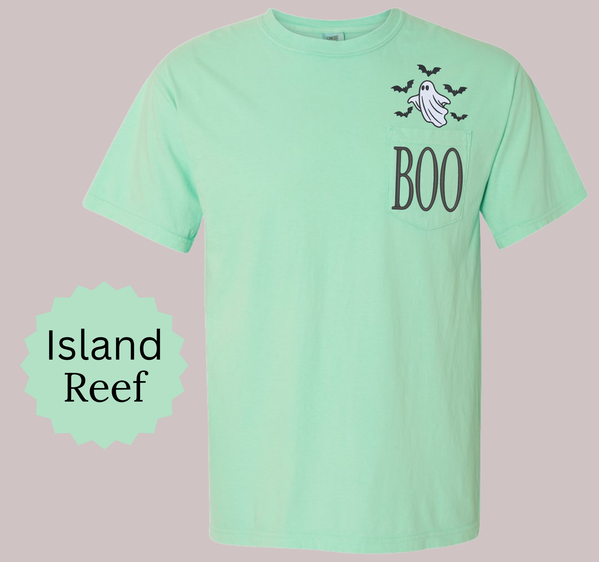 BOO ghost embroidered Halloween tee in Island Reef Comfort Colors