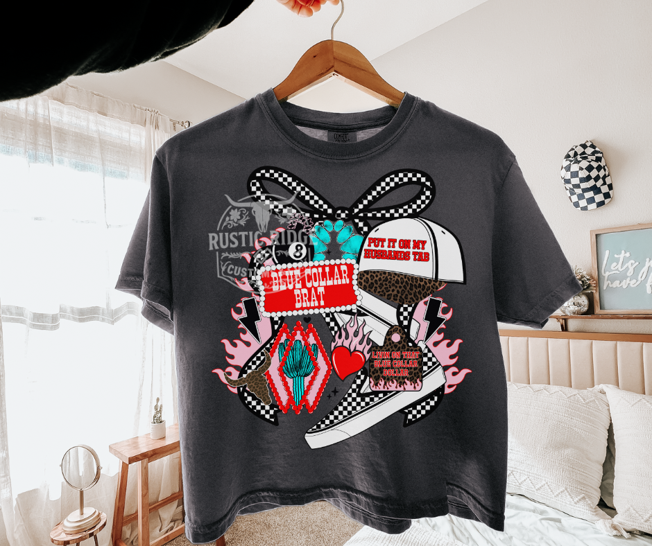 Blue collar brat graphic on comfort colors pepper tee boxy style