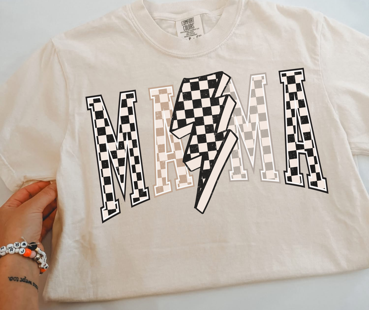 Checkered Lightning Bolt Mama Graphic Tee on an Ivory Comfort Colors shirt with neutral checkerboard MAMA design