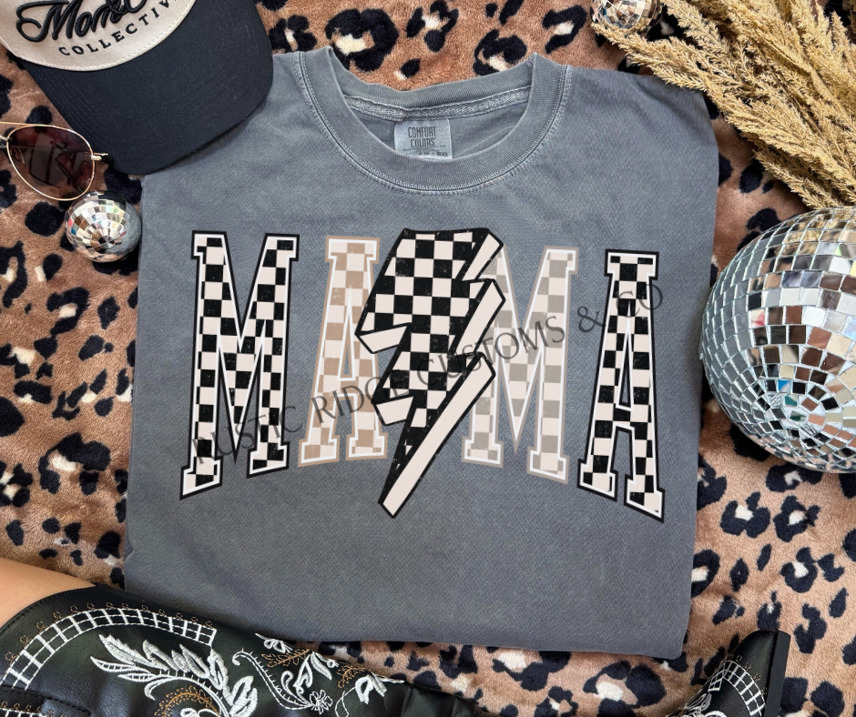 Checkered Lightning Bolt Mama Graphic Tee on a Pepper Comfort Colors shirt featuring black and neutral checkered MAMA lettering and lightning bolt