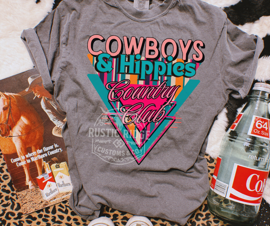 Cowboys and Hippies Country Club retro western graphic tee on Comfort Colors shirt by Rustic Ridge Customs & Co