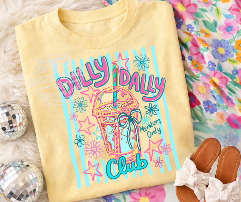 Dilly Dally Club retro summer graphic tee with colorful drink design on Comfort Colors shirt by Rustic Ridge Customs & Co