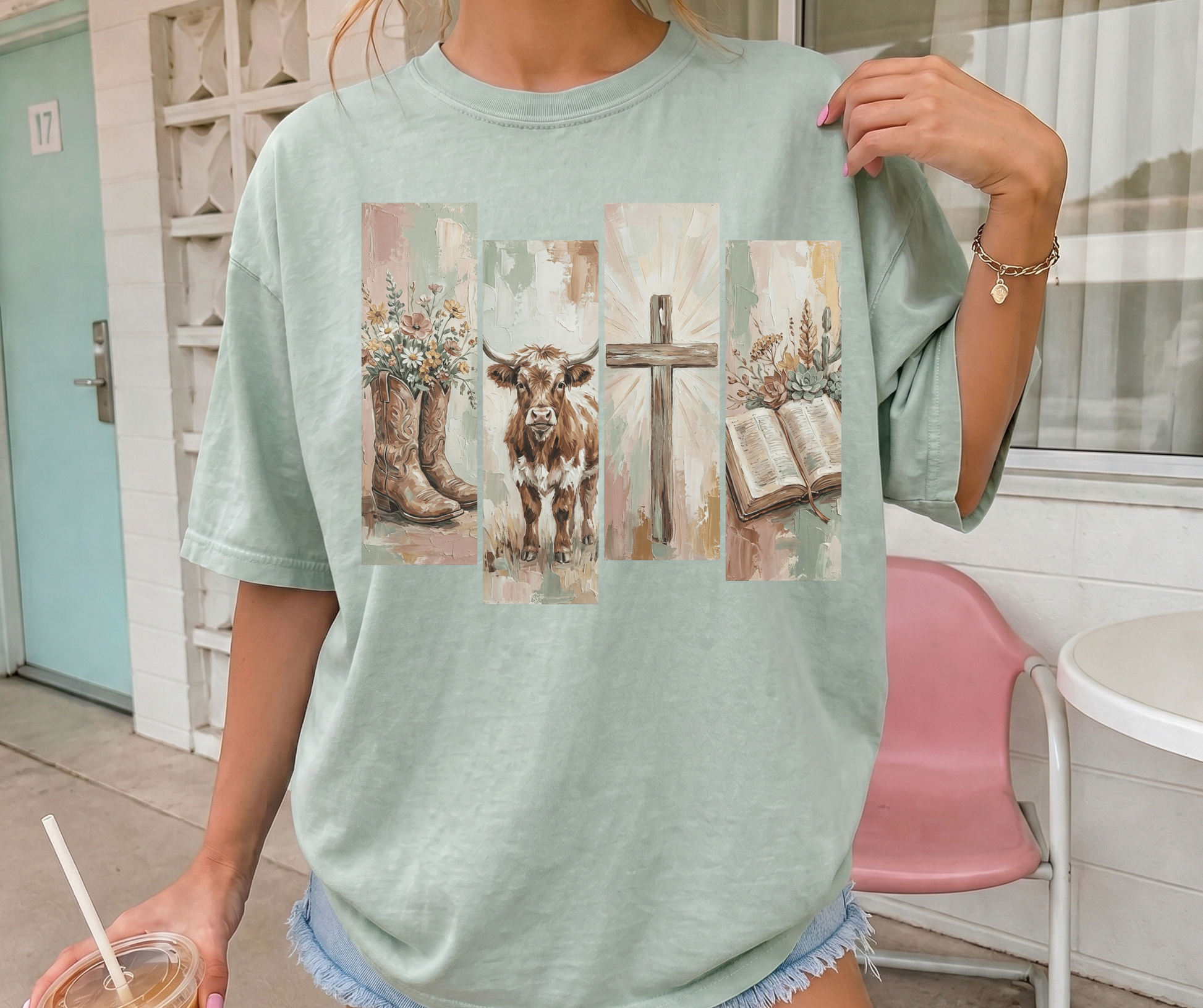 Faith and Western Ways Christian graphic tee on Bay featuring cowboy boots, longhorn, cross and Bible artwork.