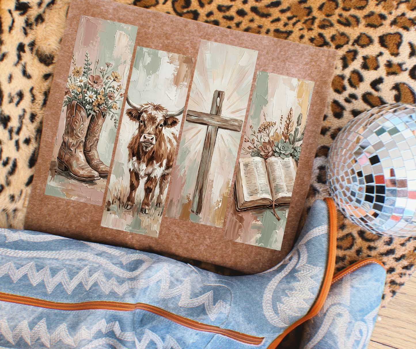 Faith and Western Ways western Christian graphic tee on Espresso featuring boots, longhorn, wooden cross and open Bible.