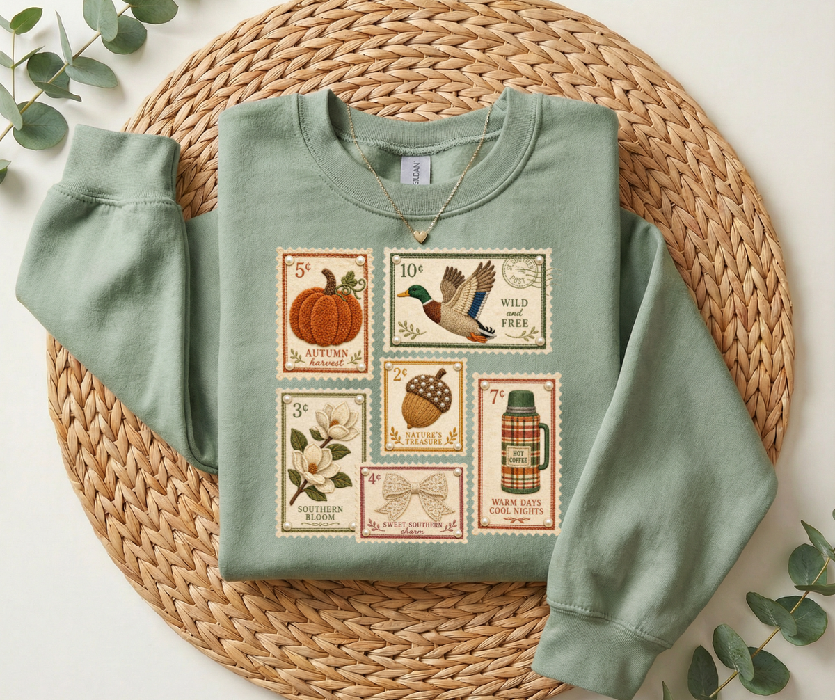 Fall Postage Stamps graphic sweatshirt in Sage with pumpkin, duck, magnolia, bow and coffee designs
