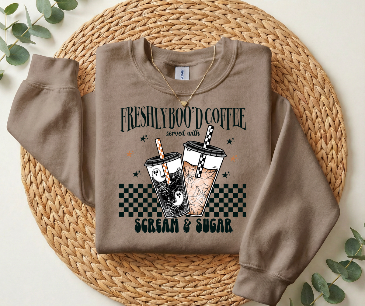 Freshly Boo'd Coffee Halloween graphic sweatshirt in Savana Brown with spooky iced coffee cups