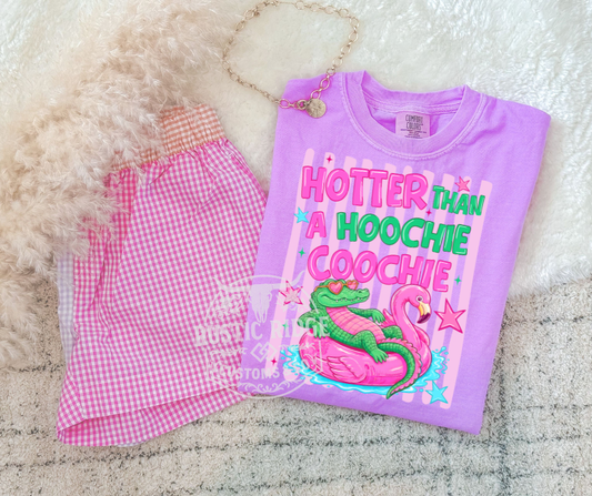 Hotter Than a Hoochie Coochie summer graphic tee with alligator and flamingo float design on Comfort Colors shirt by Rustic Ridge Customs & Co