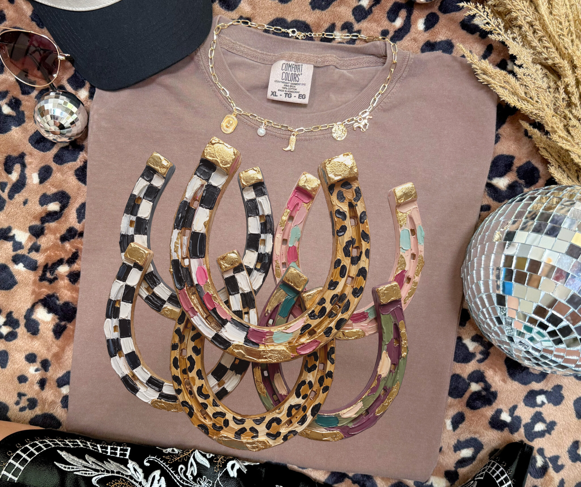 Lucky Charm Horseshoes Graphic Tee in espresso with colorful leopard and checkerboard western horseshoes
