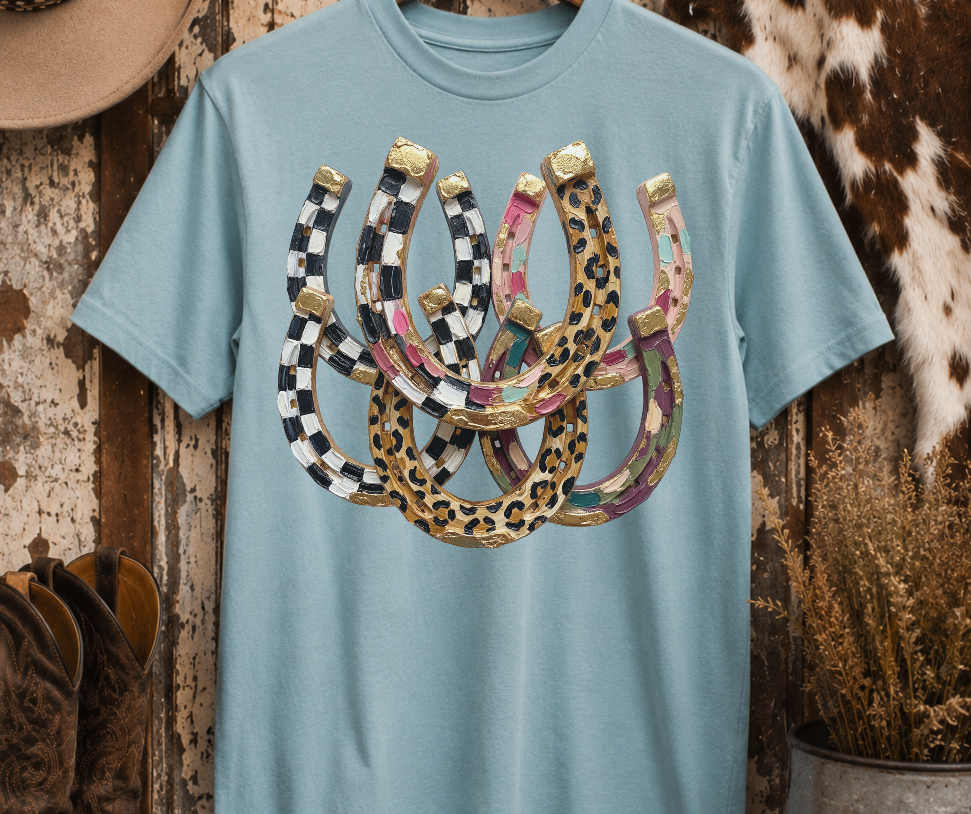 Lucky Charm Horseshoes Graphic Tee in yankey blue with colorful leopard and checkerboard western horseshoes