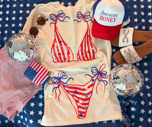 Patriotic bikini graphic tee with red white and blue summer design on Comfort Colors shirt by Rustic Ridge Customs & Co