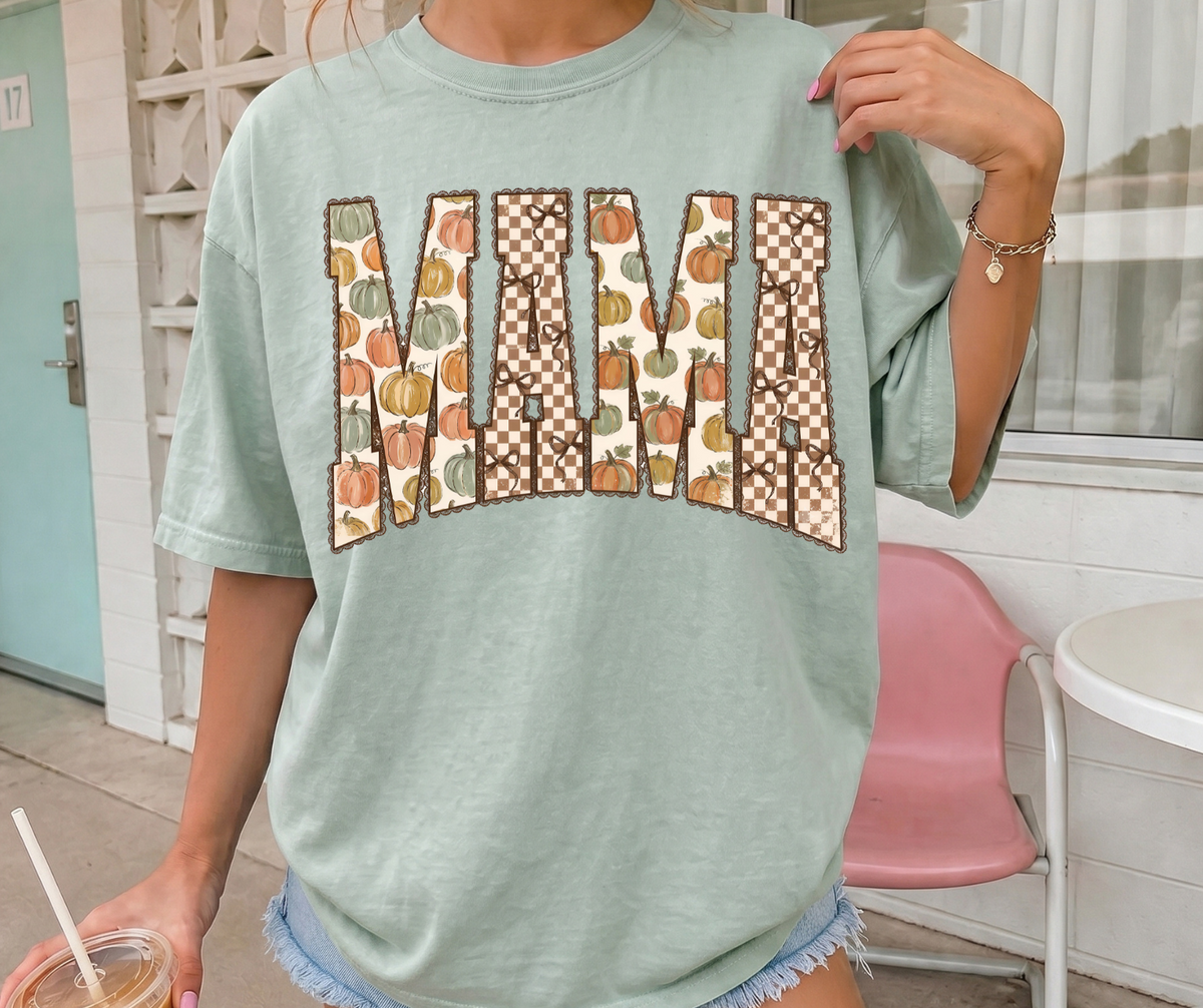 Pumpkin Fall Mama graphic tee in Bay Comfort Colors with pumpkin and checkerboard MAMA design