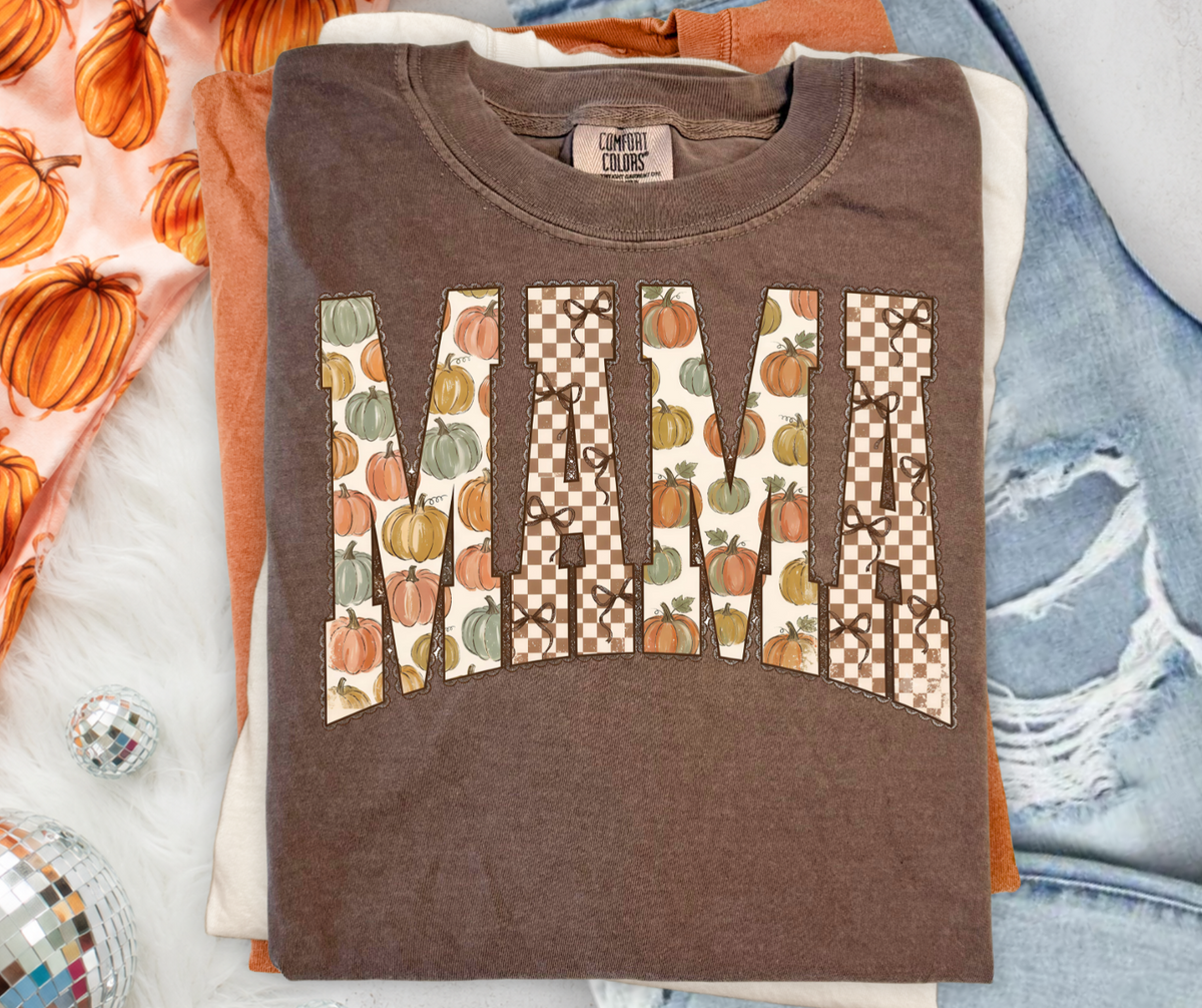 Pumpkin Fall Mama graphic tee in Espresso Comfort Colors with pumpkin and checkerboard MAMA design