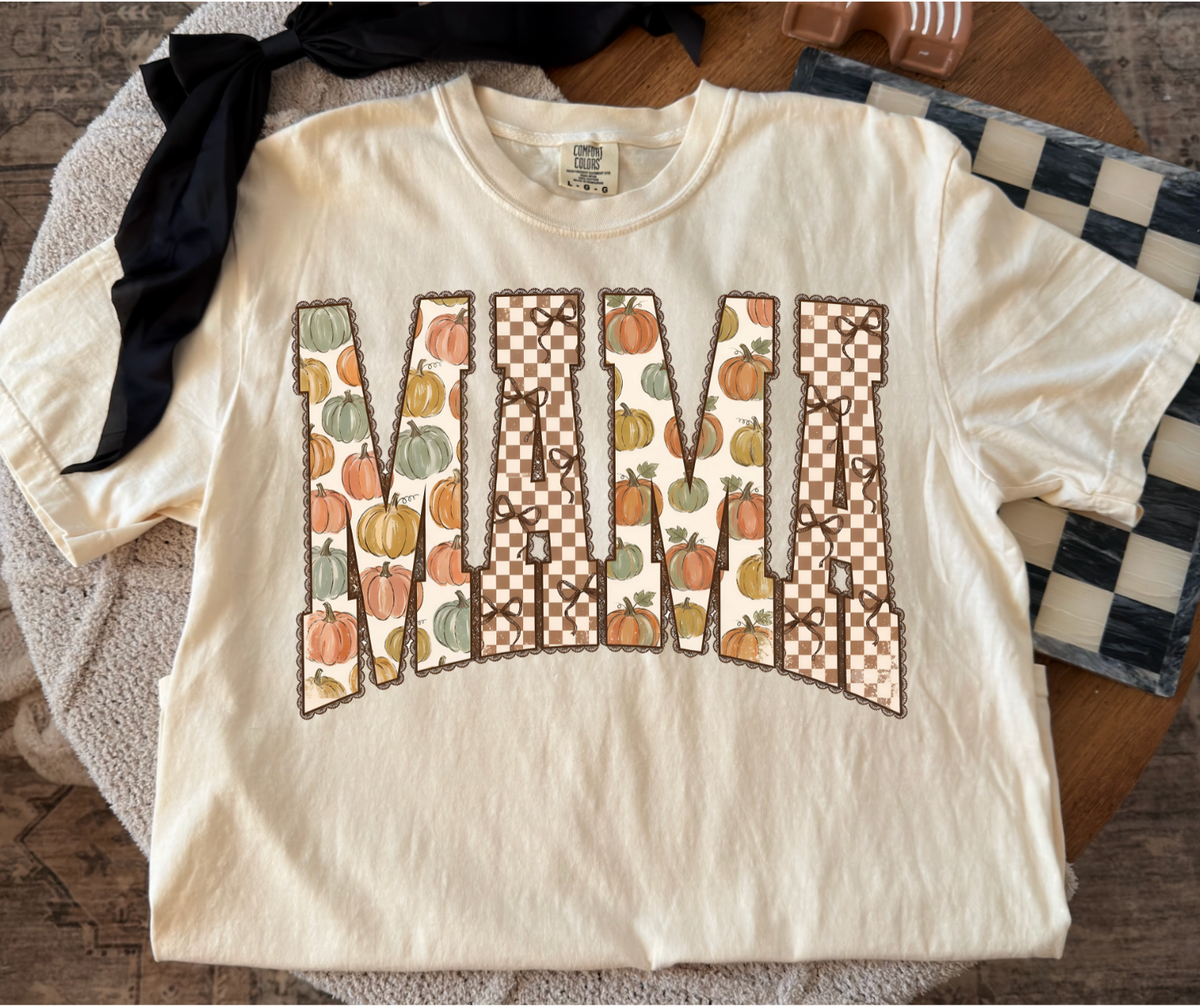 Pumpkin Fall Mama graphic tee in Ivory Comfort Colors with pumpkin and checkerboard MAMA design