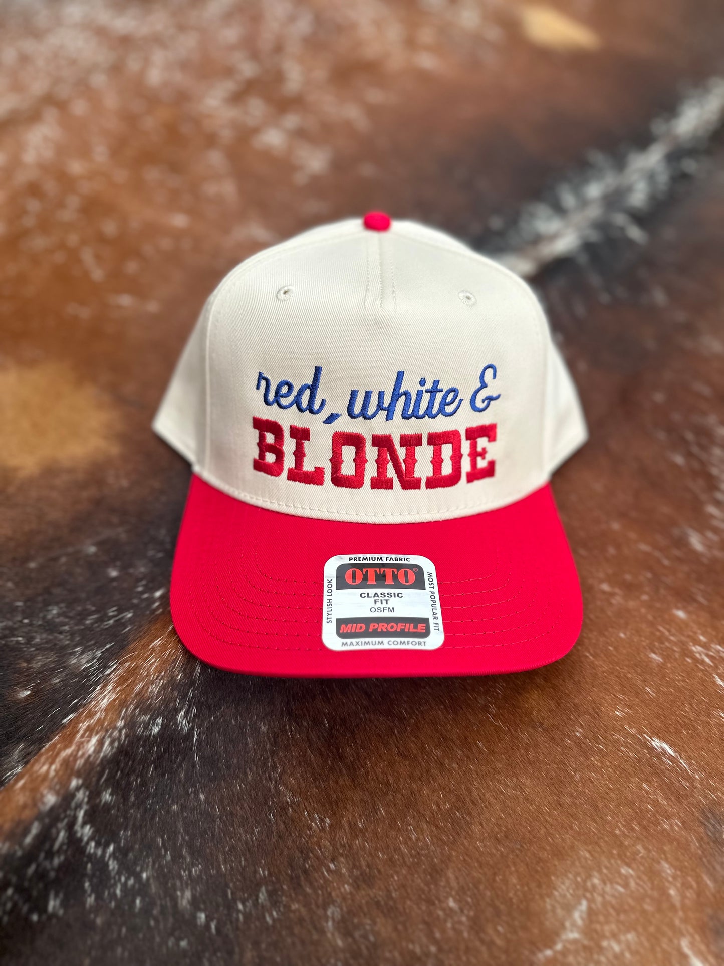 Red White and Blonde and Red White and Blonde embroidered patriotic trucker hats by Rustic Ridge Customs & Co