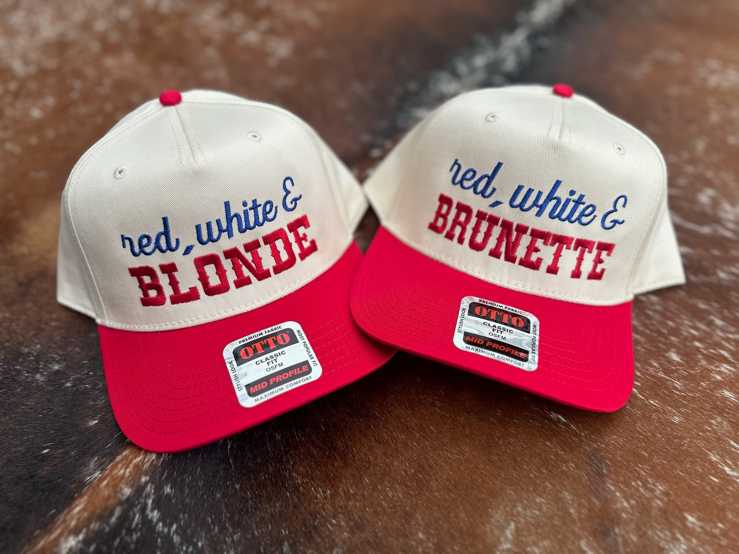 Red White and Blonde and Red White and Brunette embroidered patriotic trucker hats by Rustic Ridge Customs & Co