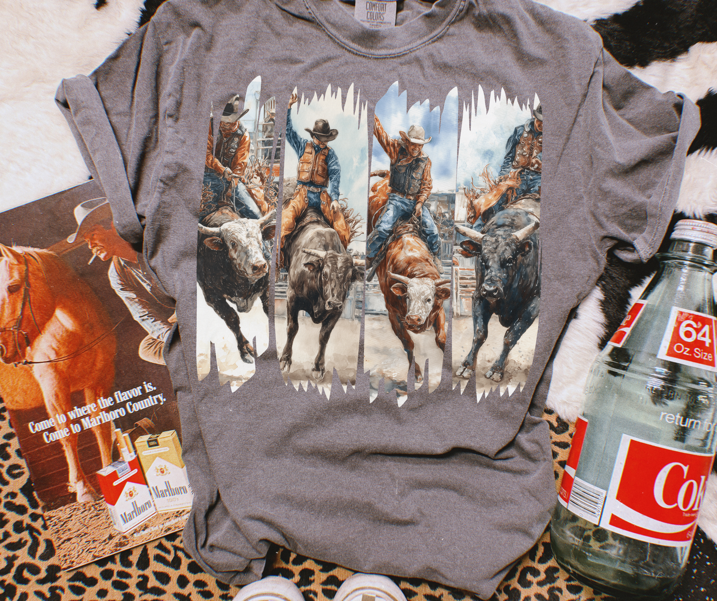 Rodeo Rush western rodeo graphic tee on Pepper Comfort Colors shirt featuring bull riders and bucking bulls.