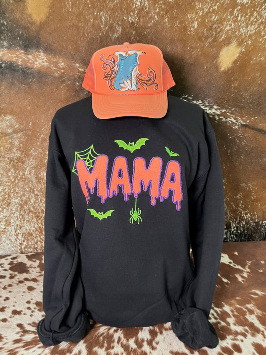 Black Spooky Mama Halloween sweatshirt with glitter embroidered orange MAMA lettering, green bats, spiderweb and hanging spider.