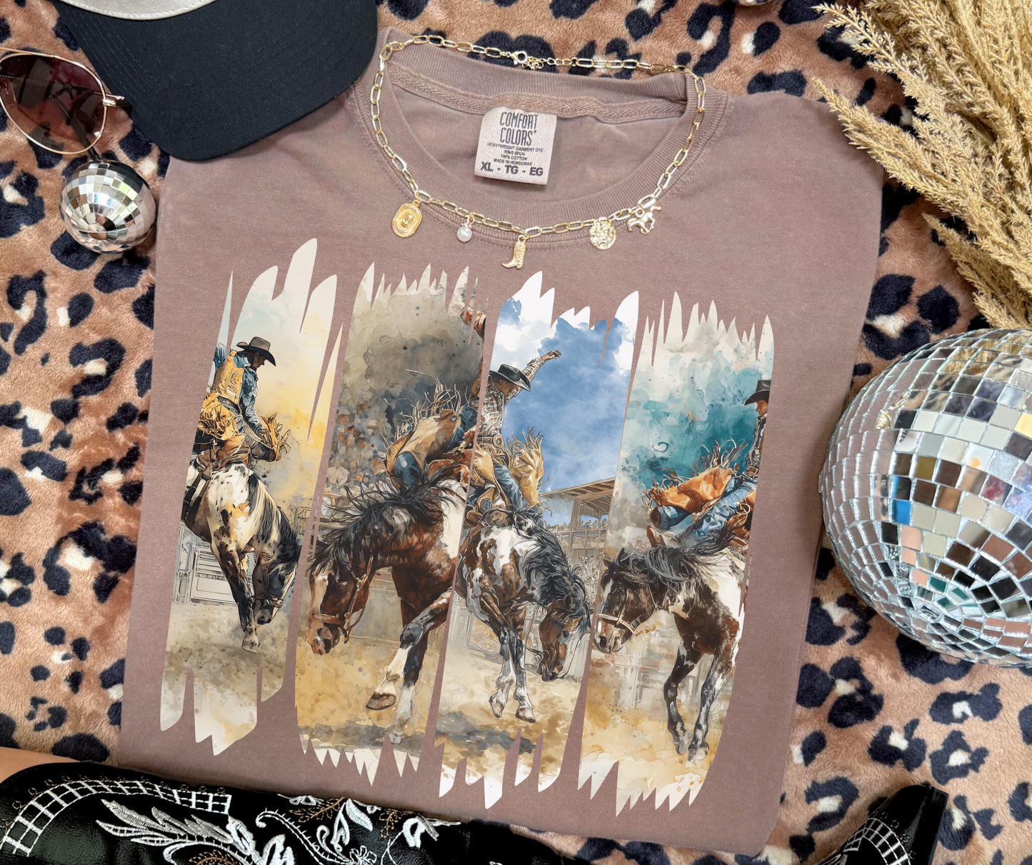 Wild Ride Rodeo Graphic Tee in espresso featuring watercolor bronc riders and western rodeo artwork