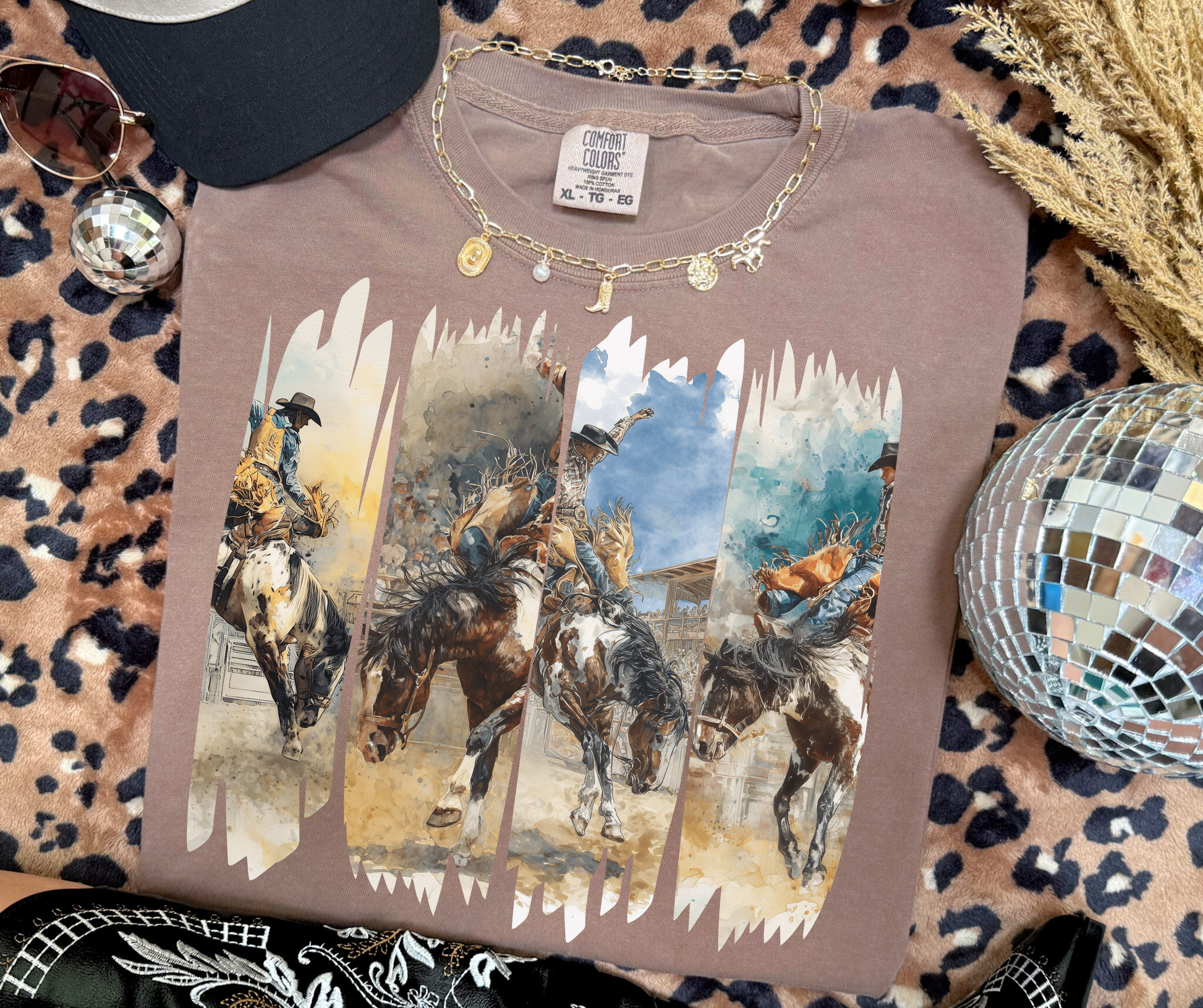 Wild Ride Rodeo Graphic Tee in espresso featuring watercolor bronc riders and western rodeo artwork